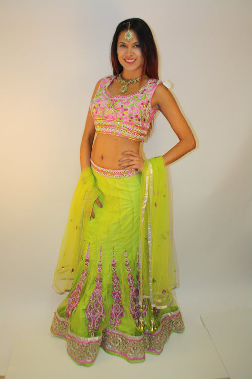 Neon Yellow Lengha w/Pink Contrast Blouse